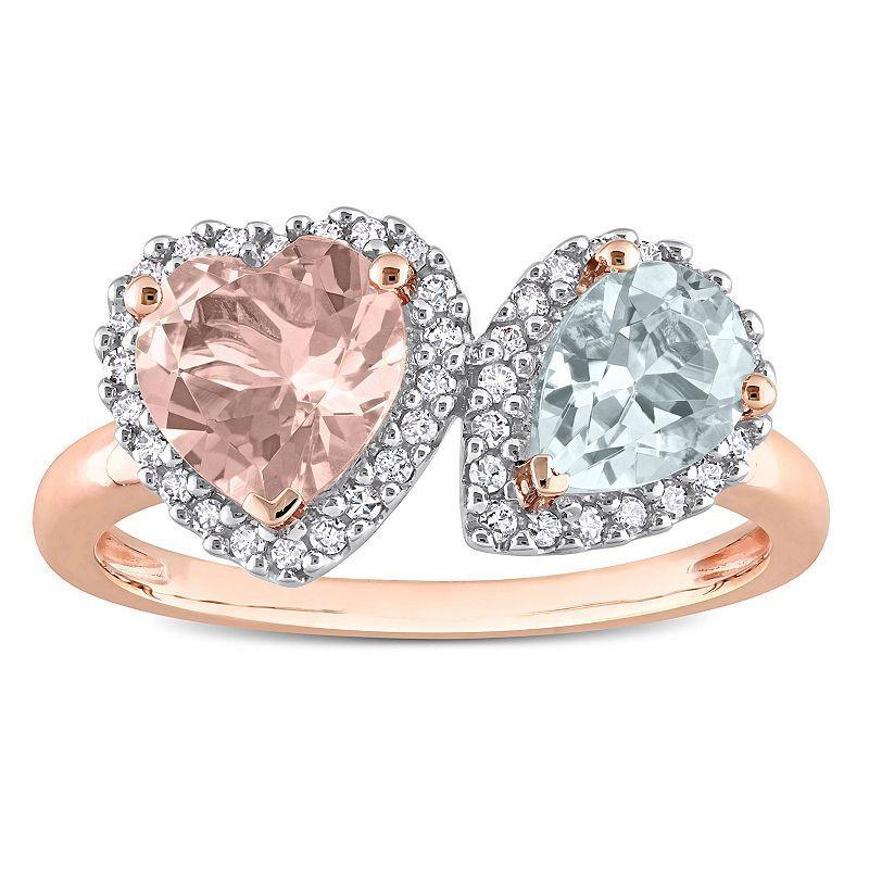 Stella Grace 10k Rose Gold Morganite, Aquamarine & 1/5 Carat T.W. Diamond Heart Ring, Womens 10k Rosegold Product Image