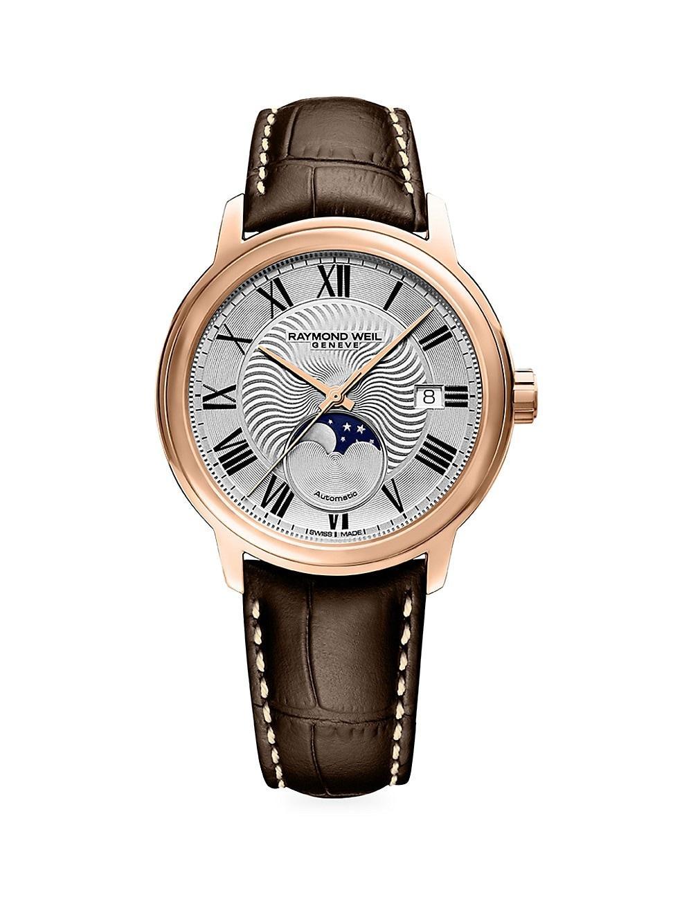 Mens Maestro Moonphase Rose Gold Leather-Strap Watch Product Image