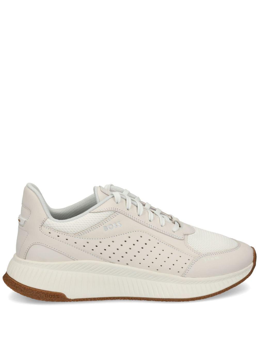 HUGO BOSS Leather Lace-up Trainers With Mesh Trims In White Product Image