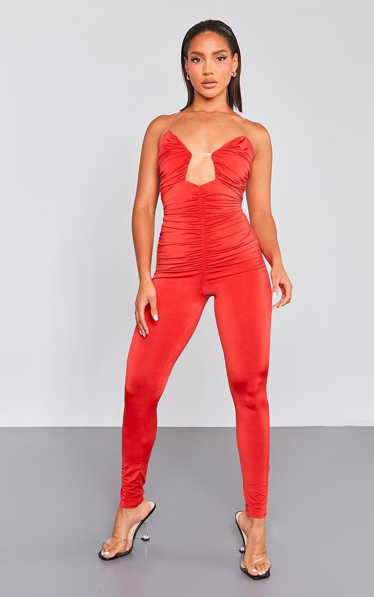 Red Ruched Cutout Jumpsuit Product Image