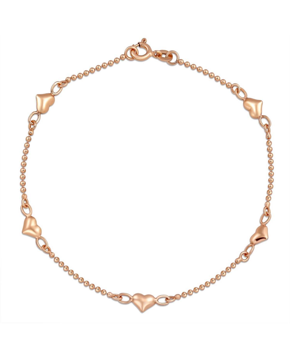 Multi Puff Station Hearts Charm Anklet Ankle Bracelet For Women Teen Beaded Ball Chain Rose Gold Vermeil .925 Sterling Silver 9 Inch Flexible - Rose Product Image