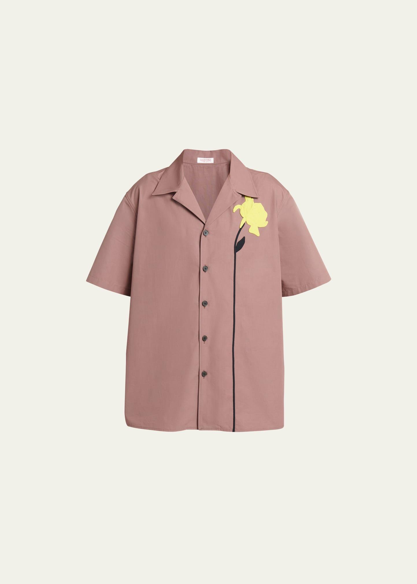 Mens Poplin Flower Embroidery Camp Shirt Product Image