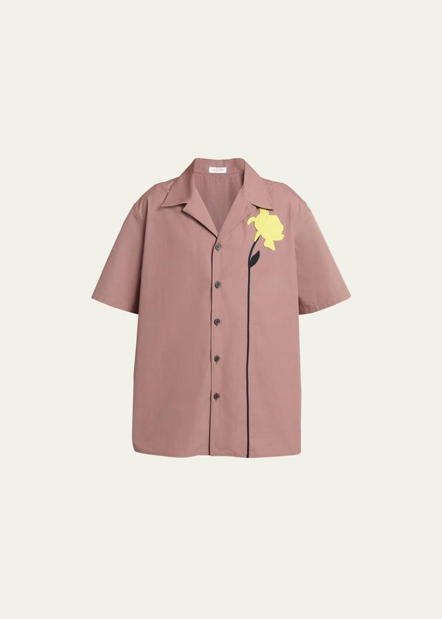 Mens Cotton Poplin Bowling Shirt With Floral Cut-Out Embroidery Product Image