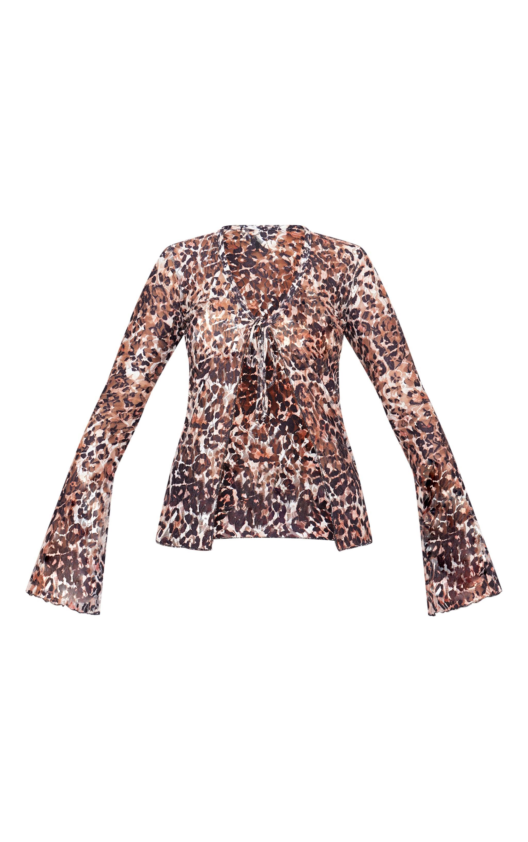 Brown Printed Lace Ruffle Detail Tie Front Long Sleeve Top Product Image