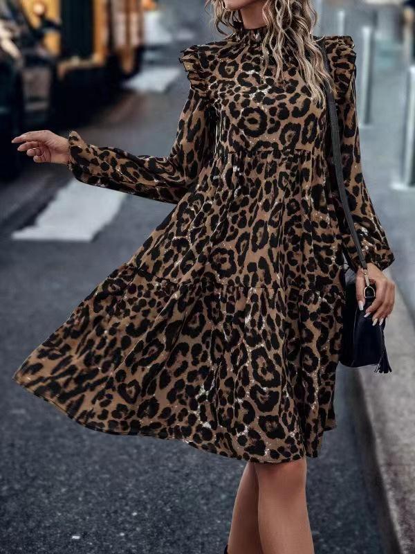 Loose Puff Sleeves Leopard Pleated Split-Joint Stand Collar Midi Dresses Product Image