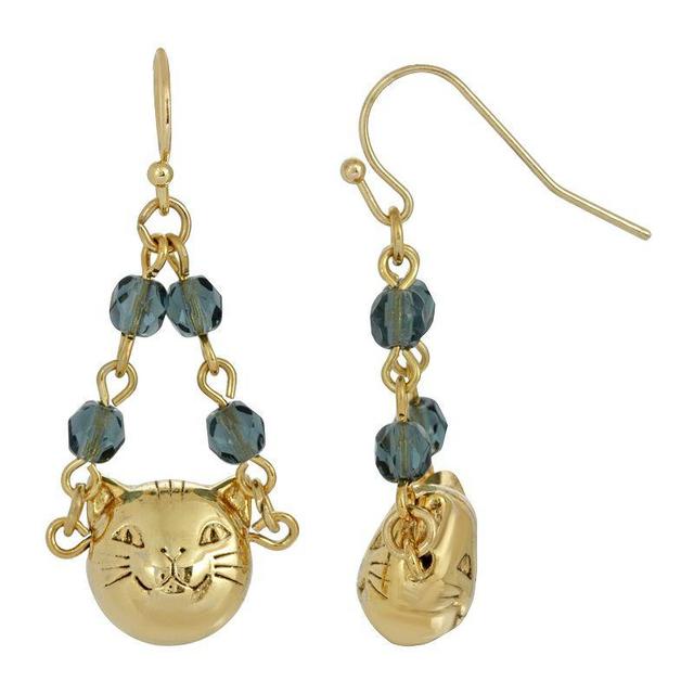 1928 Gold Tone Cat Face & Blue Beaded Chain Drop Earrings, Womens Product Image