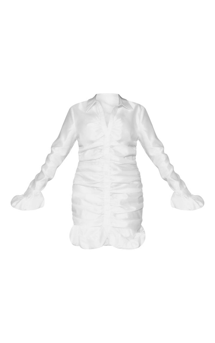 Plus White Satin Ruched Front Frill Hem Shirt Dress Product Image