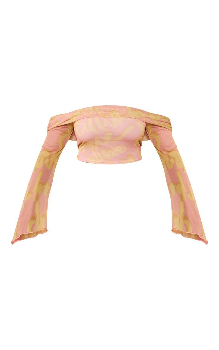 Shape Pink Graffiti Printed Mesh Bardot Long Sleeve Crop Top Product Image