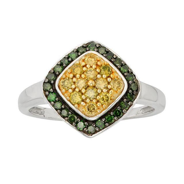 Jewelexcess Sterling Silver 1/2-ct. T.W. Green and Yellow Diamond Halo Ring, Womens Multicolor Product Image