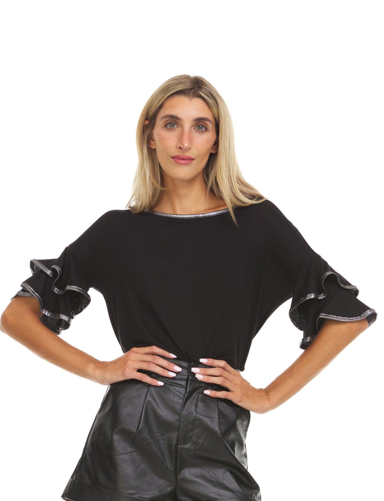 Womens Multi Ruffle Sleeve Top With Contrast Color Trim On Ruffles & Neckline Product Image