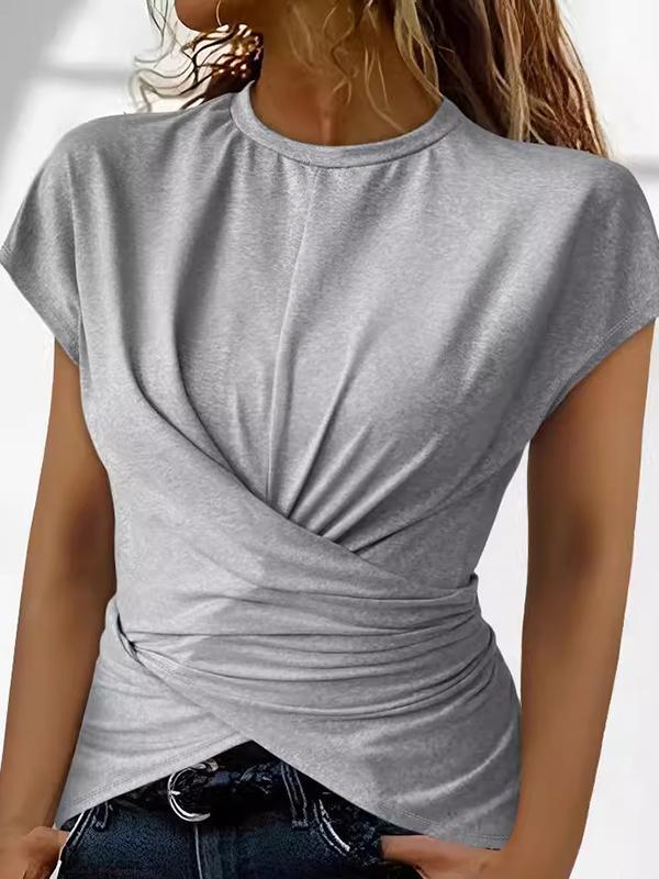 Raglan Sleeve Skinny Buttoned Knot Pleated Solid Color Round-Neck T-Shirts Tops Product Image