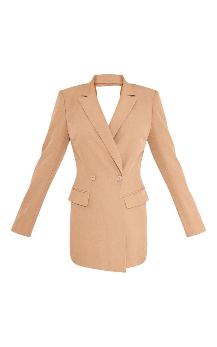 Mocha Woven Pinstripe Tailored Cut Out Twist Back Blazer Dress Product Image