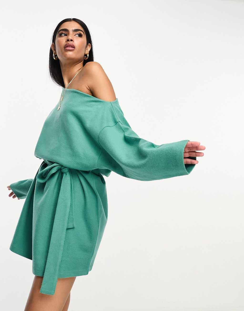 ASOS DESIGN super soft slouchy off shoulder mini dress with belt in sage Product Image