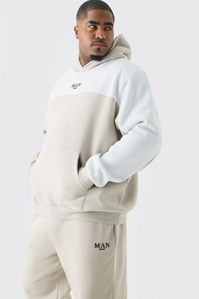 Mens Beige Plus Colour Block Man Roman Hooded Tracksuit In Stone, Beige Product Image