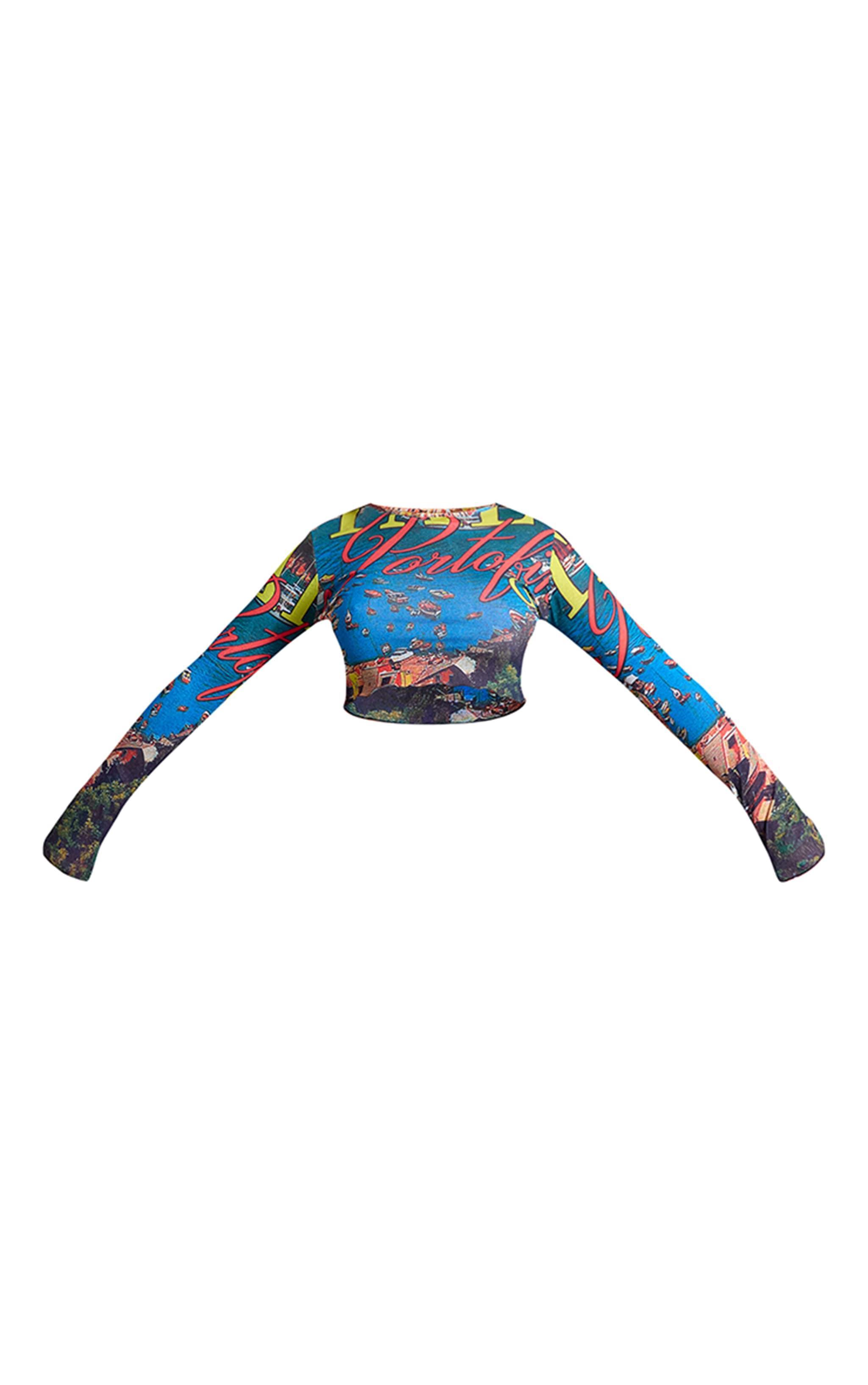 Blue Landscape Graphic Flared Sleeve Crop Top Product Image