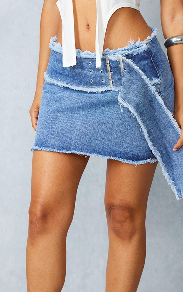 Petite Light Blue Wash Frayed Belt Detail Denim Mini Skirt Product Image