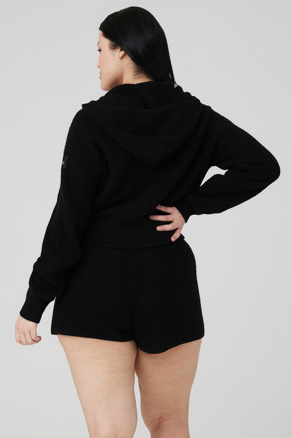 Cashmere Plush Waffle Full Zip Hoodie - Black Female Product Image