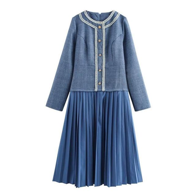 Mock Two-Piece Long-Sleeve Round Neck Tweed Panel Accordion Pleated Midi A-Line Dress Product Image