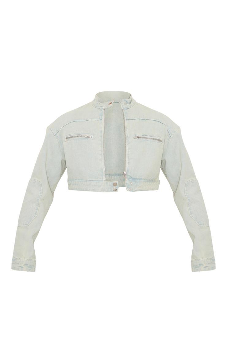 Ice Blue Vintage Wash Biker Detail Cropped Denim Jacket Product Image