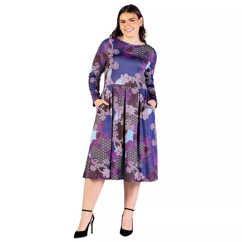 Plus Size 24Seven Comfort Apparel Wine Paisley Midi Length Long Sleeve Pocket Dress, Womens Product Image