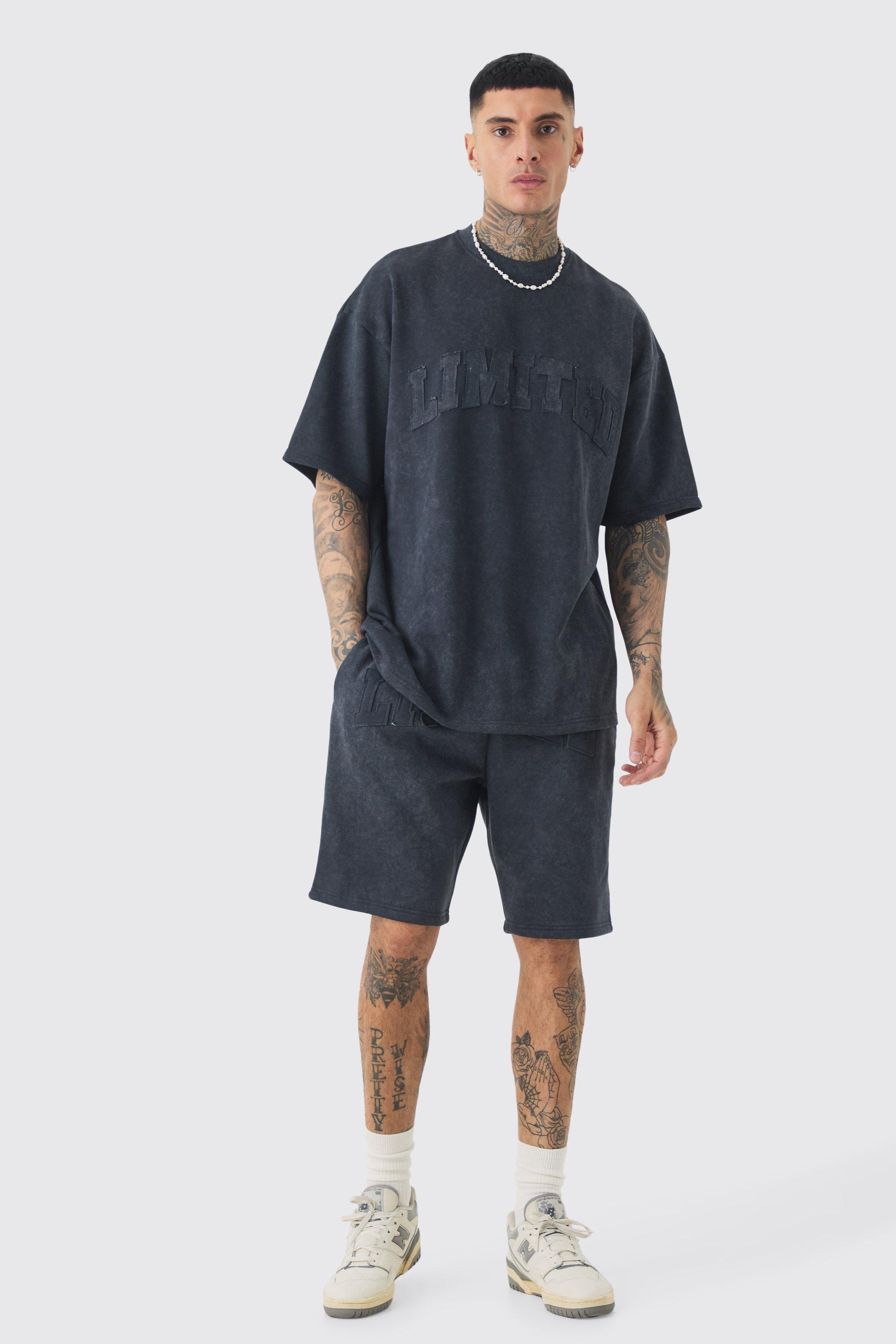 Tall Oversized Limited Applique Washed T-shirt & Short Set | boohooMAN USA Product Image