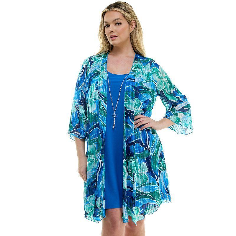 Plus Size Luxology 2-Piece 3/4 Bell Sleeve Cardigan & Drop Collar Dress Set, Womens Product Image