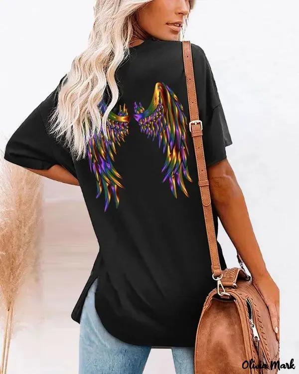 Olivia Mark – Angel Wings Print Split Hem Casual T-Shirt Oversized Graphic T-Shirt Product Image