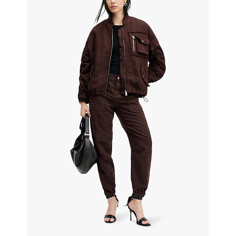 Rue Linen Blend Denim Bomber Jacket In Dark Wine Red Product Image