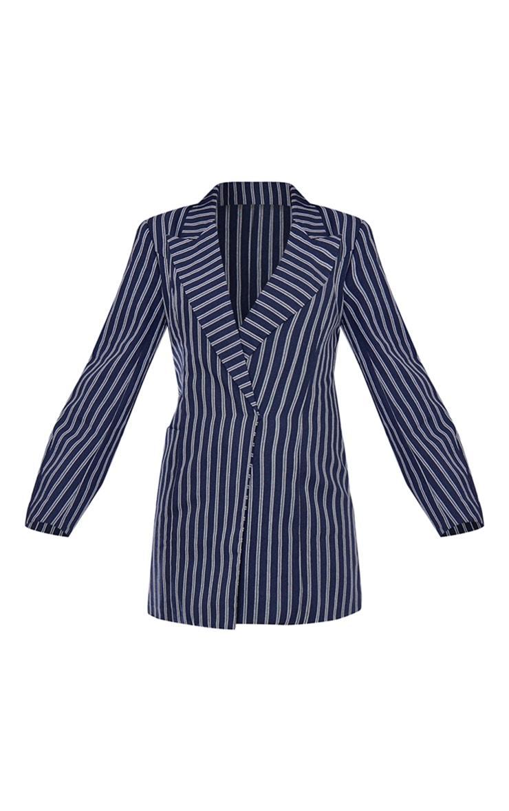 Navy Woven Stripe Pocket Long Sleeve Blazer Dress Product Image