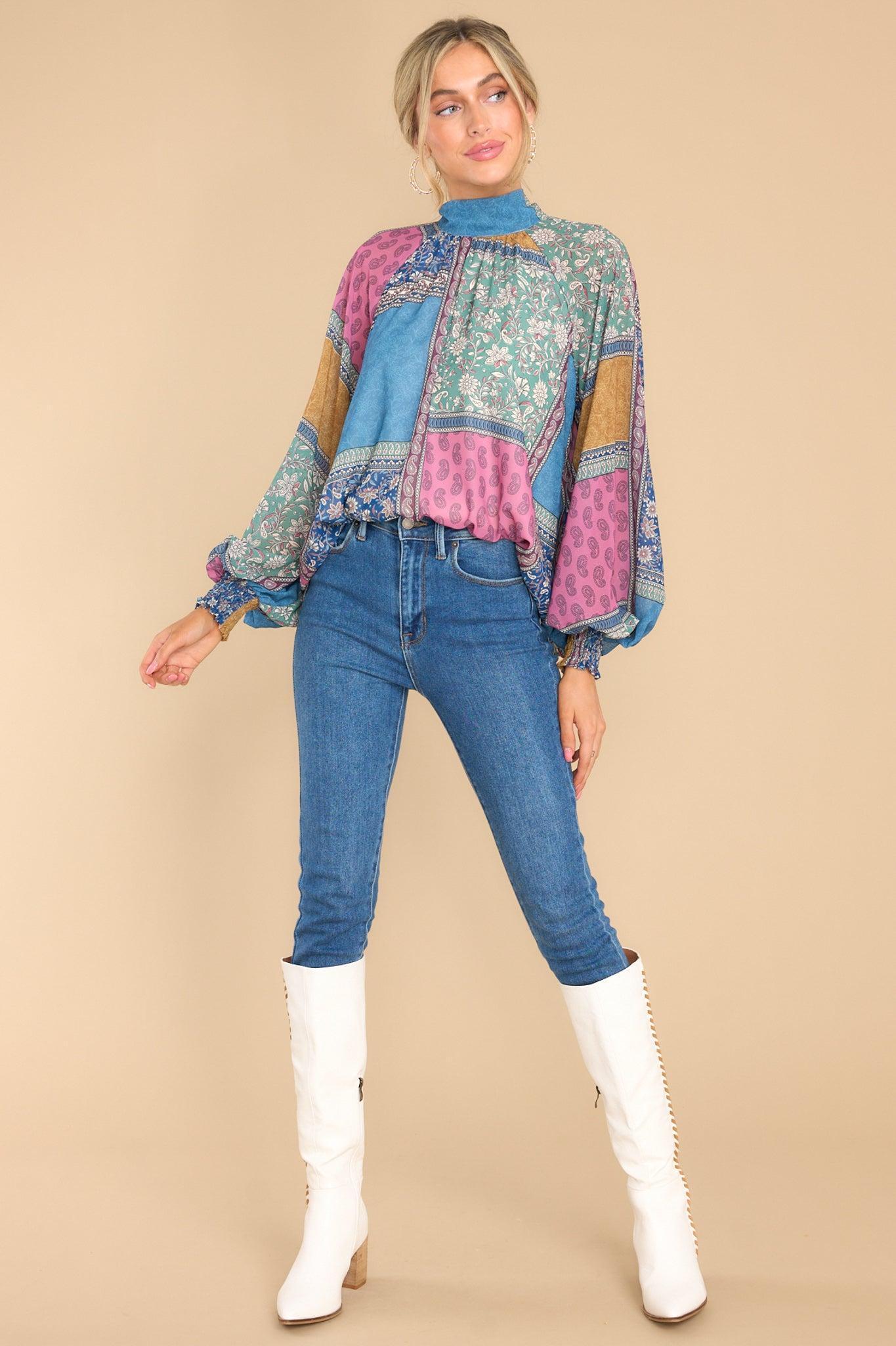 Aura Captivating Heart Dusty Blue Patchwork Print Top Product Image