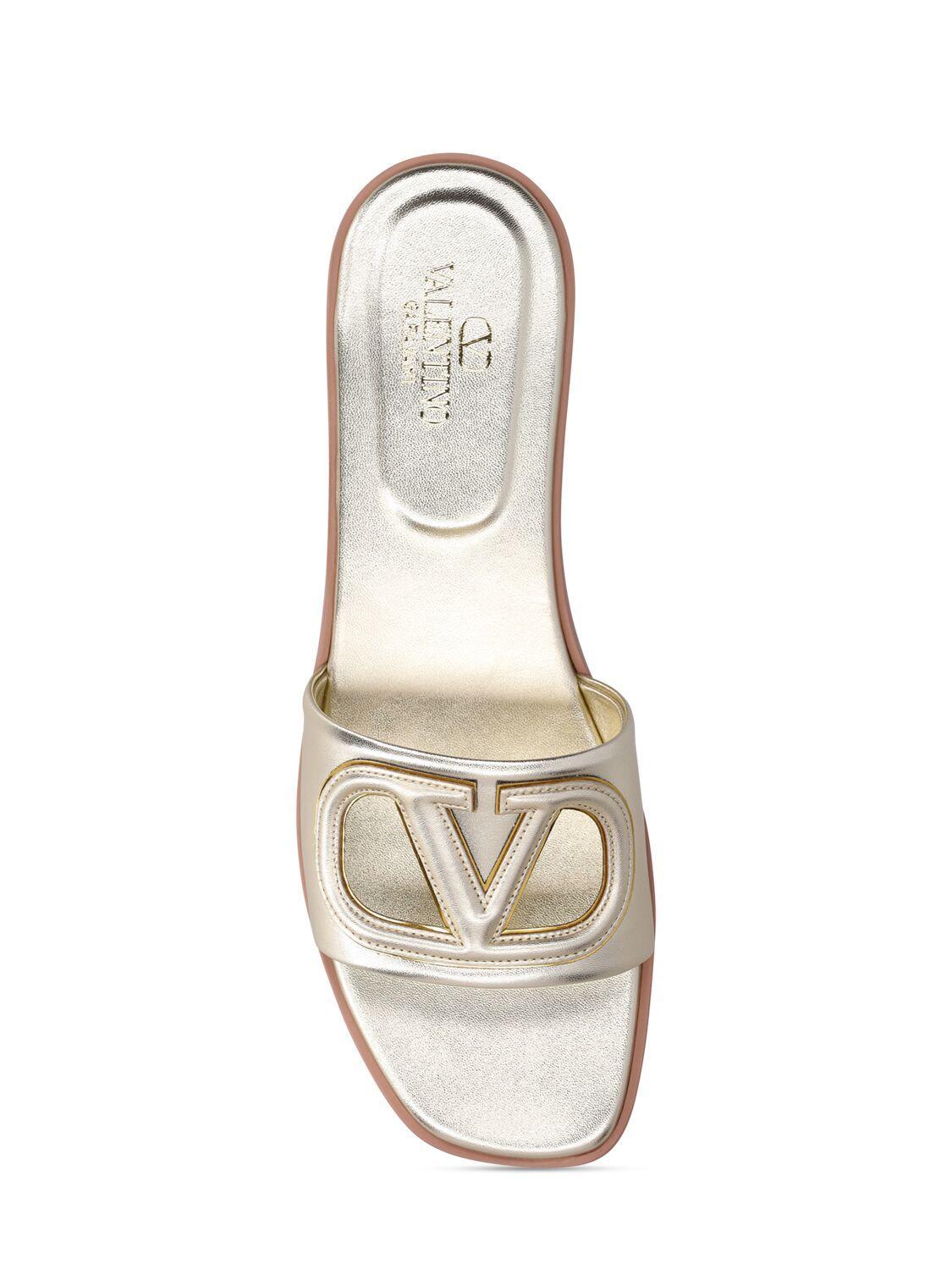 VALENTINO GARAVANI Gold Vlogo Cutout Laminated Nappa Leather Sandals In Platinum Antique Brass Product Image