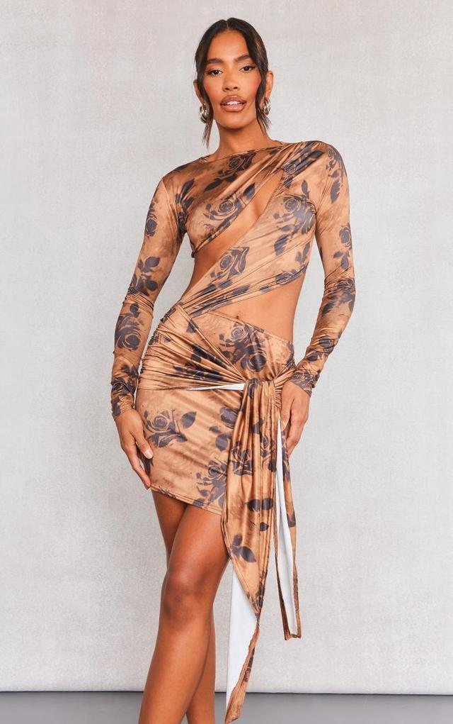 Light Brown Blurred Rose Print Cut Out Bust Panel Long Sleeve Drape Bodycon Dress Product Image