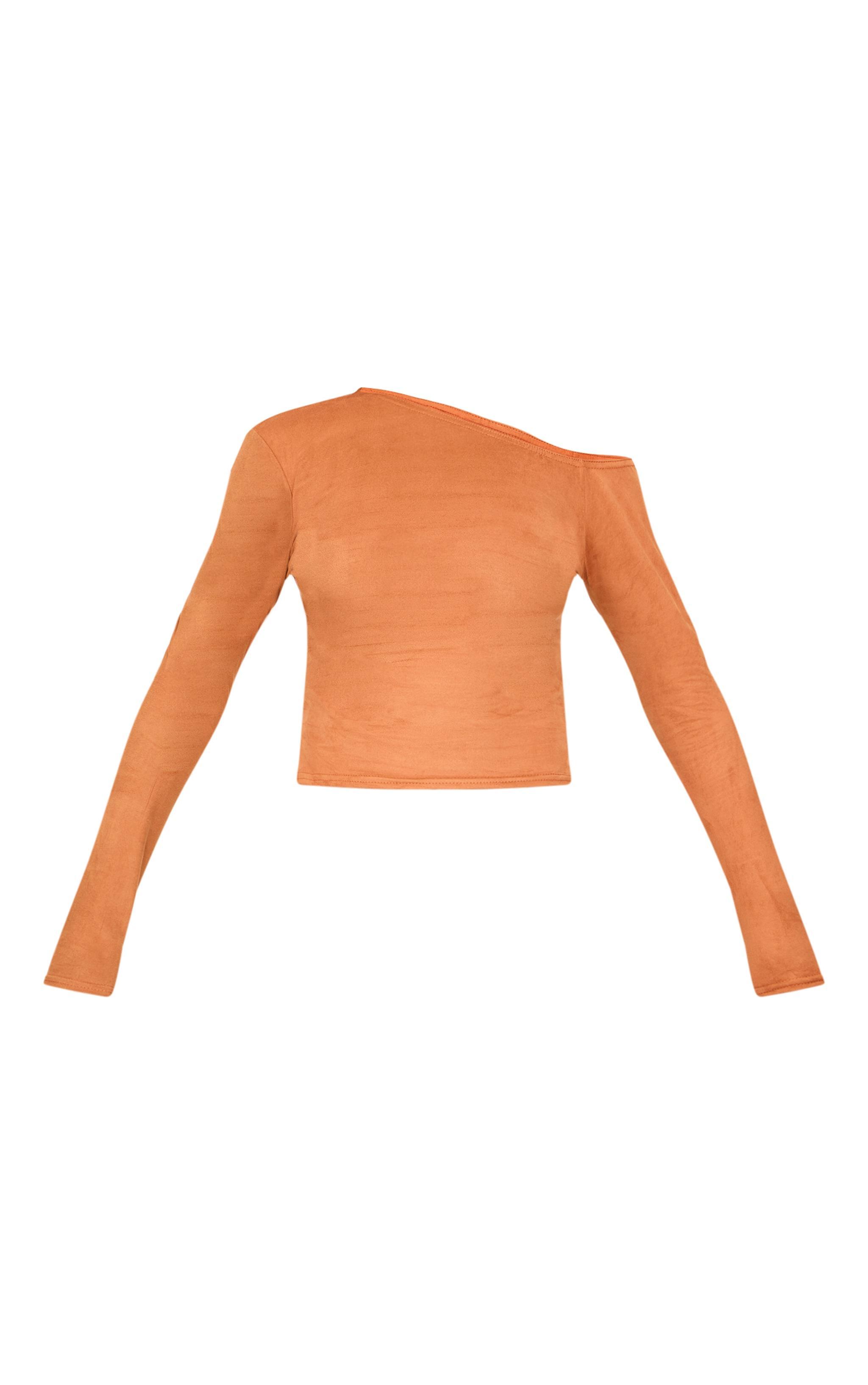 Tan Faux Suede Asymmetric Neck Long Sleeve Top Product Image