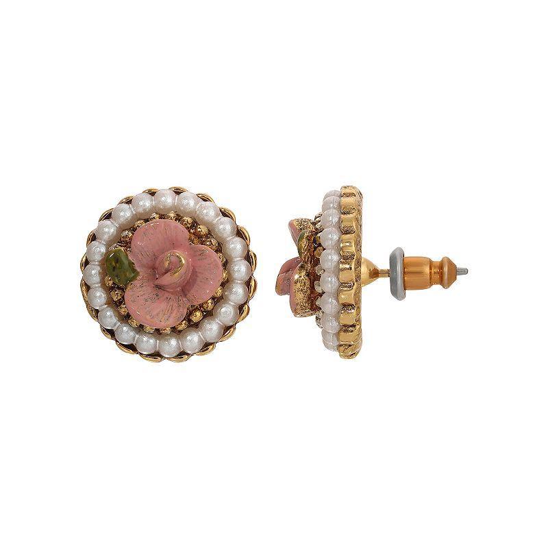 1928 Gold Tone Simulated Pearl Pink Flower Stud Earrings, Womens Product Image