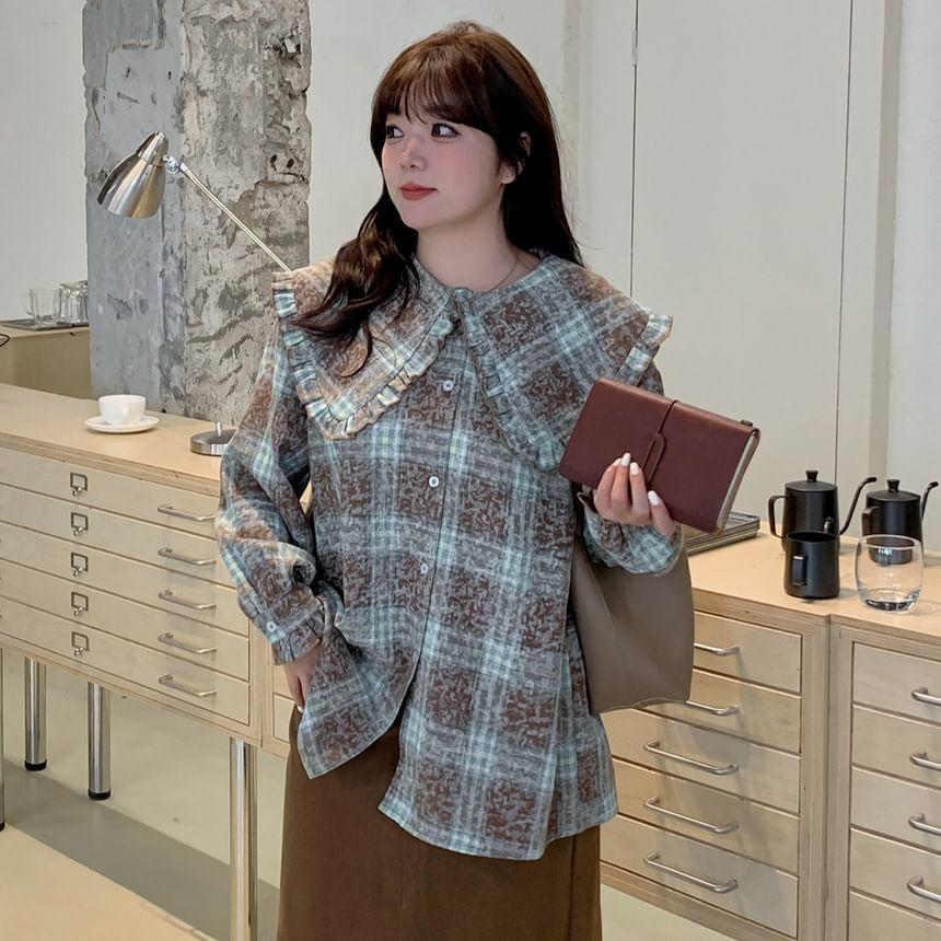 Plus Size Long-Sleeve Plaid Ruffle Shirt Product Image