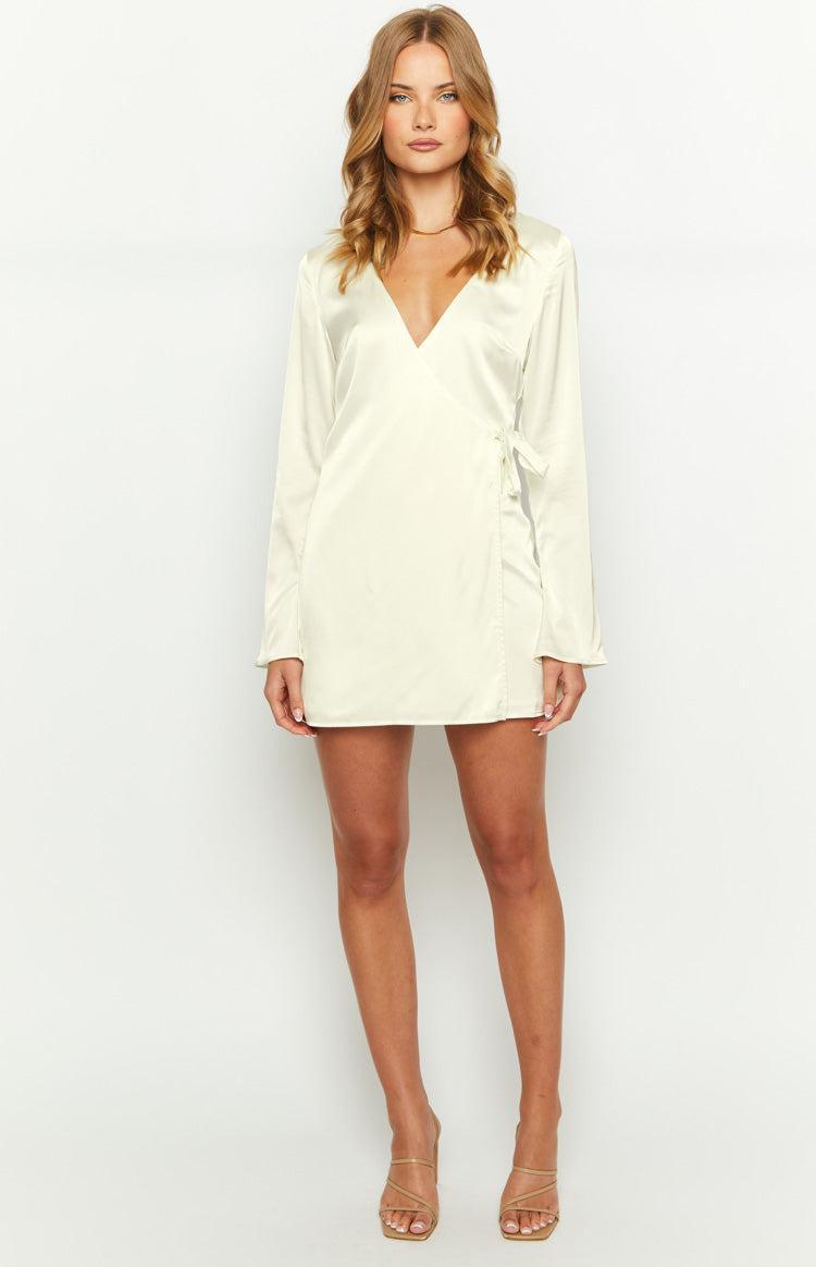 Kasya Cream Satin Long Sleeve Mini Dress Product Image