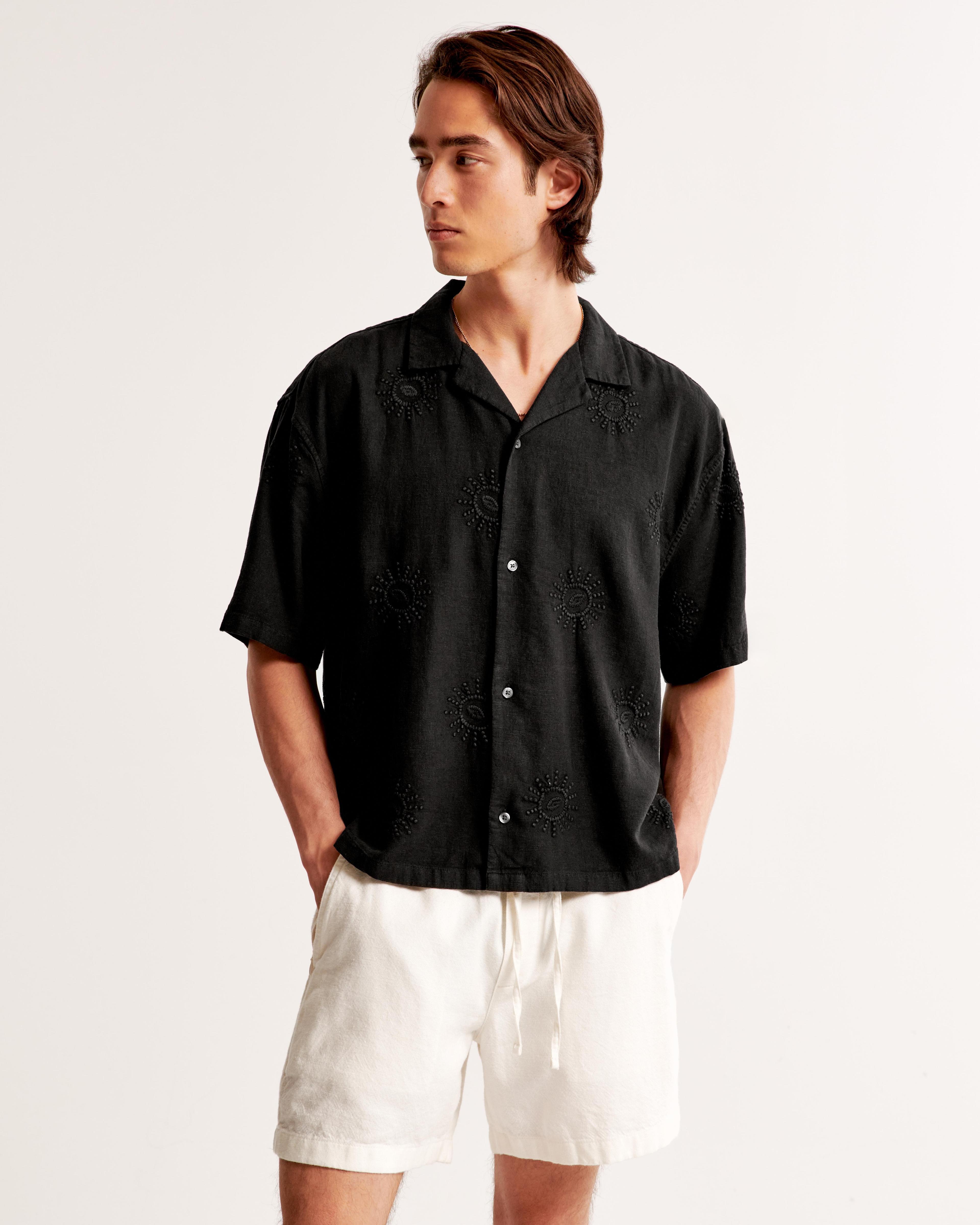 Camp Collar Cropped Summer Linen-Blend Embroidered Shirt Product Image