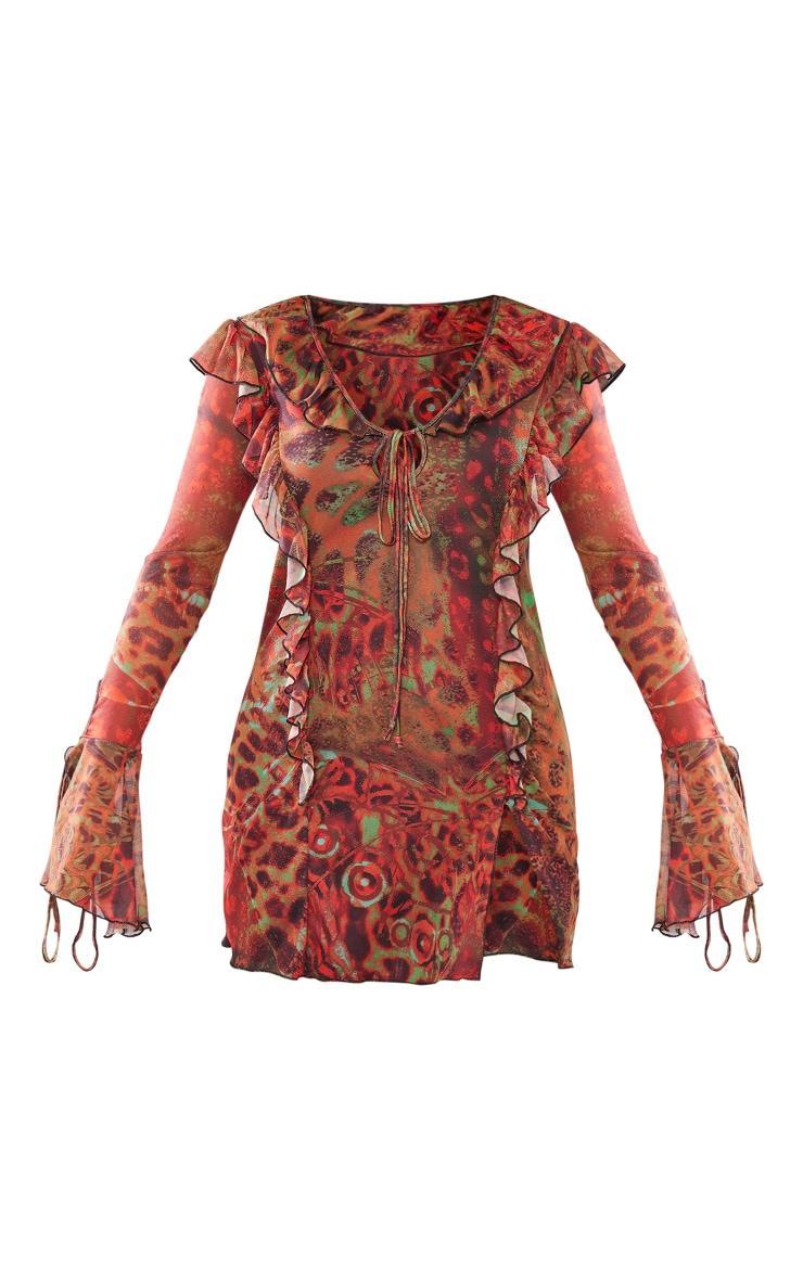 Brown Abstract Printed Double Mesh Long Sleeve Shift Dress Product Image