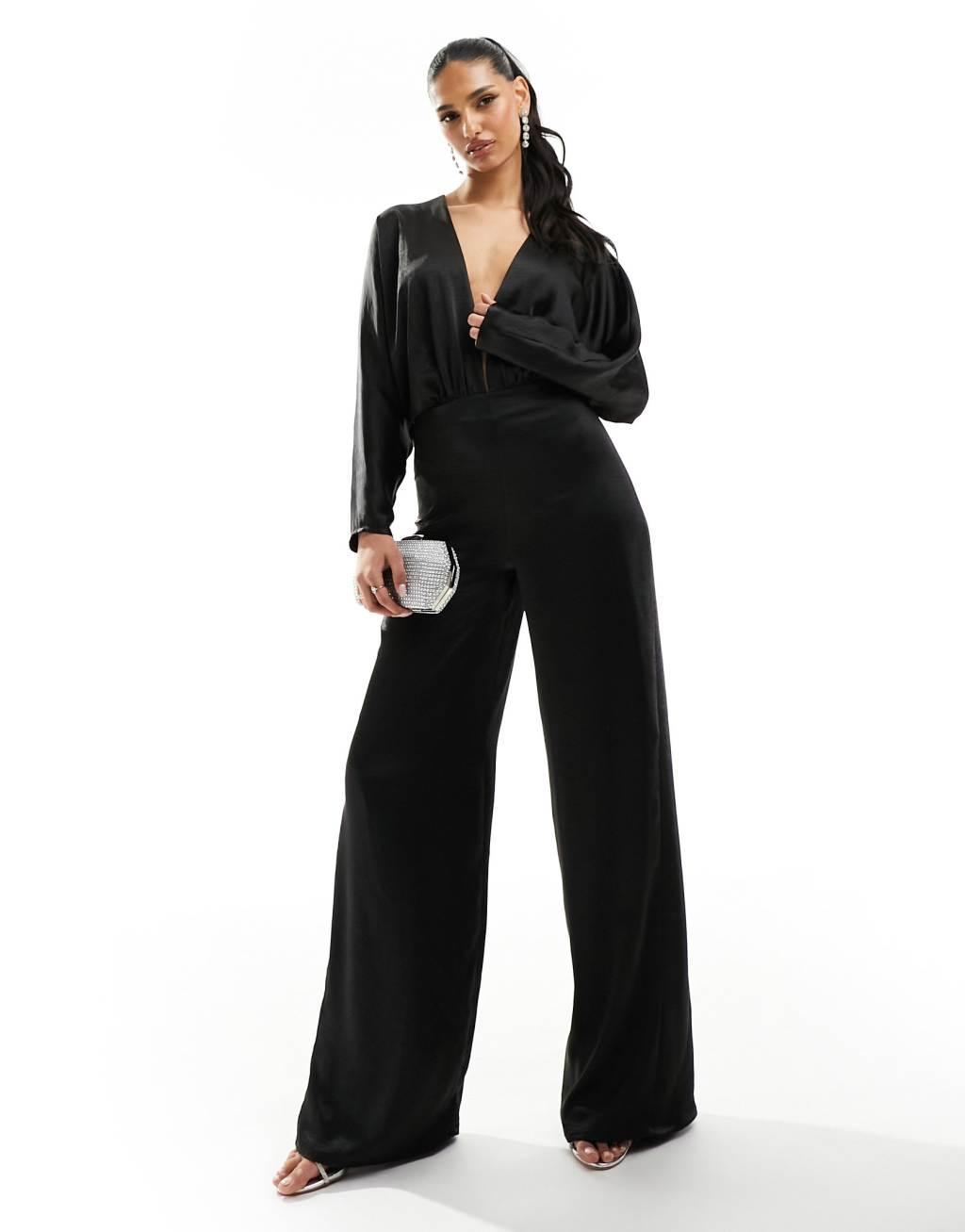 True Violet satin plunge jumpsuit in black  Product Image