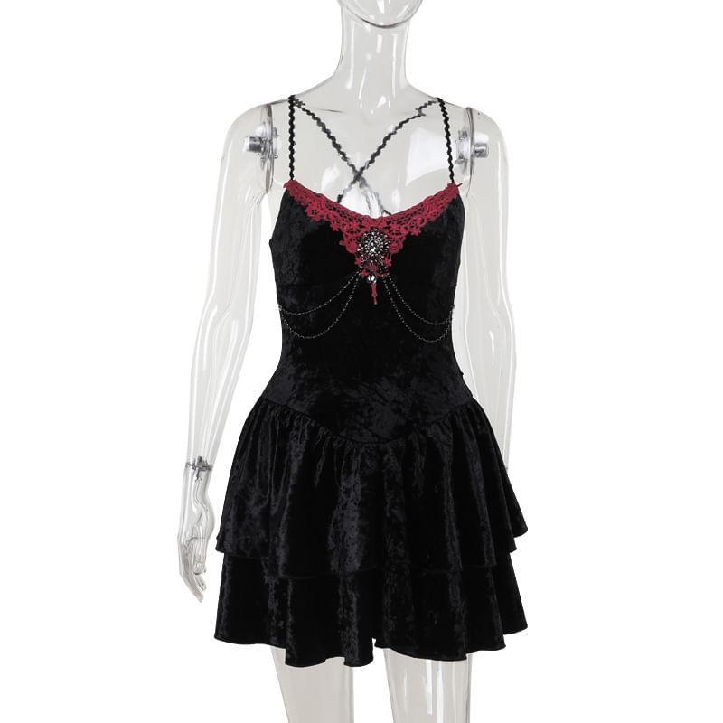 Spaghetti Strap V-Neck Velvet Mini A-Line Dress Product Image