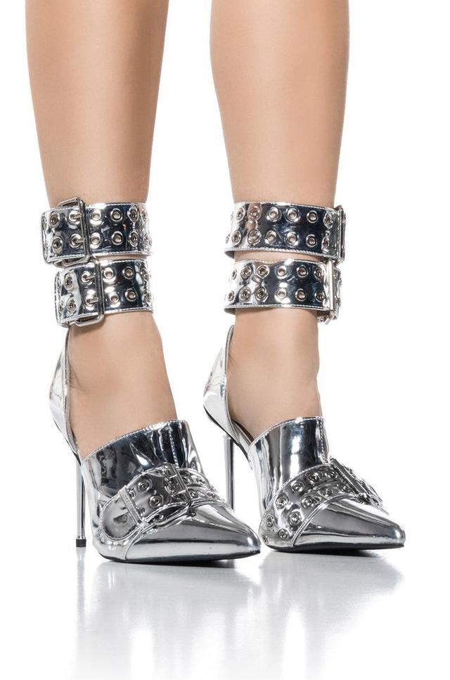 AZALEA WANG CYCLONE METALLIC DOUBLE BUCKLE STRAP PUMP IN SILVER Product Image