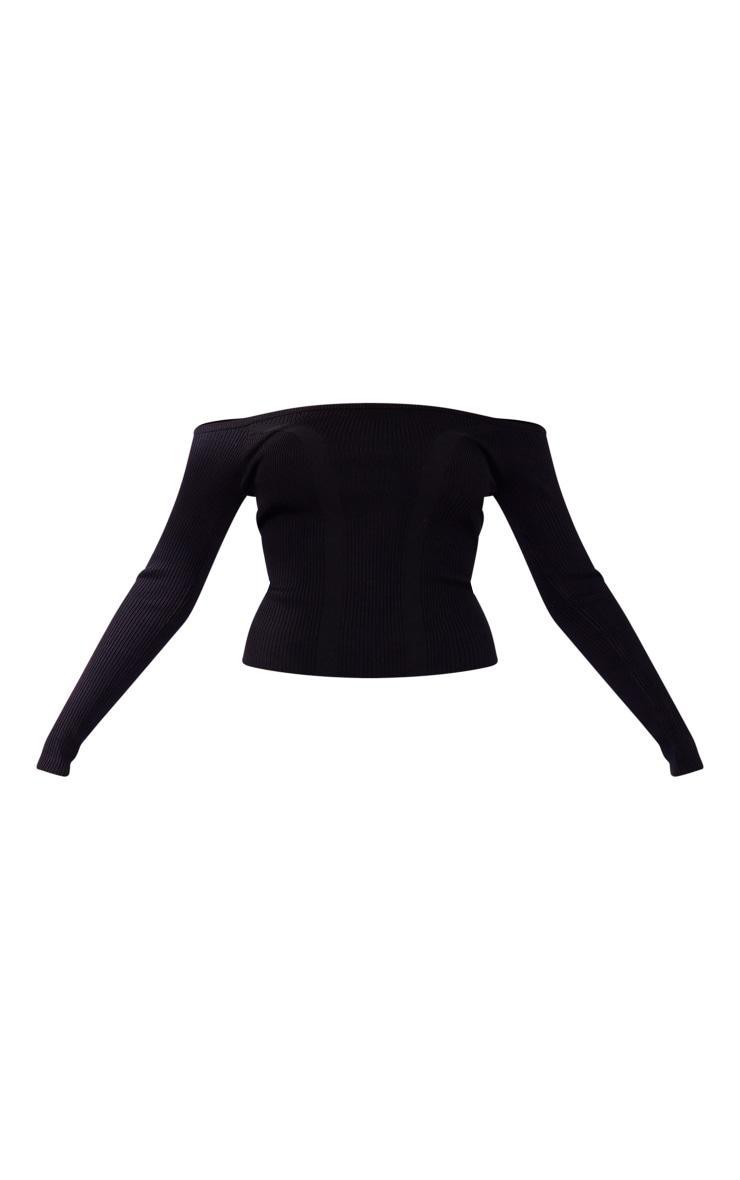 Black Bardot Rib Knit Long Sleeve Top Product Image