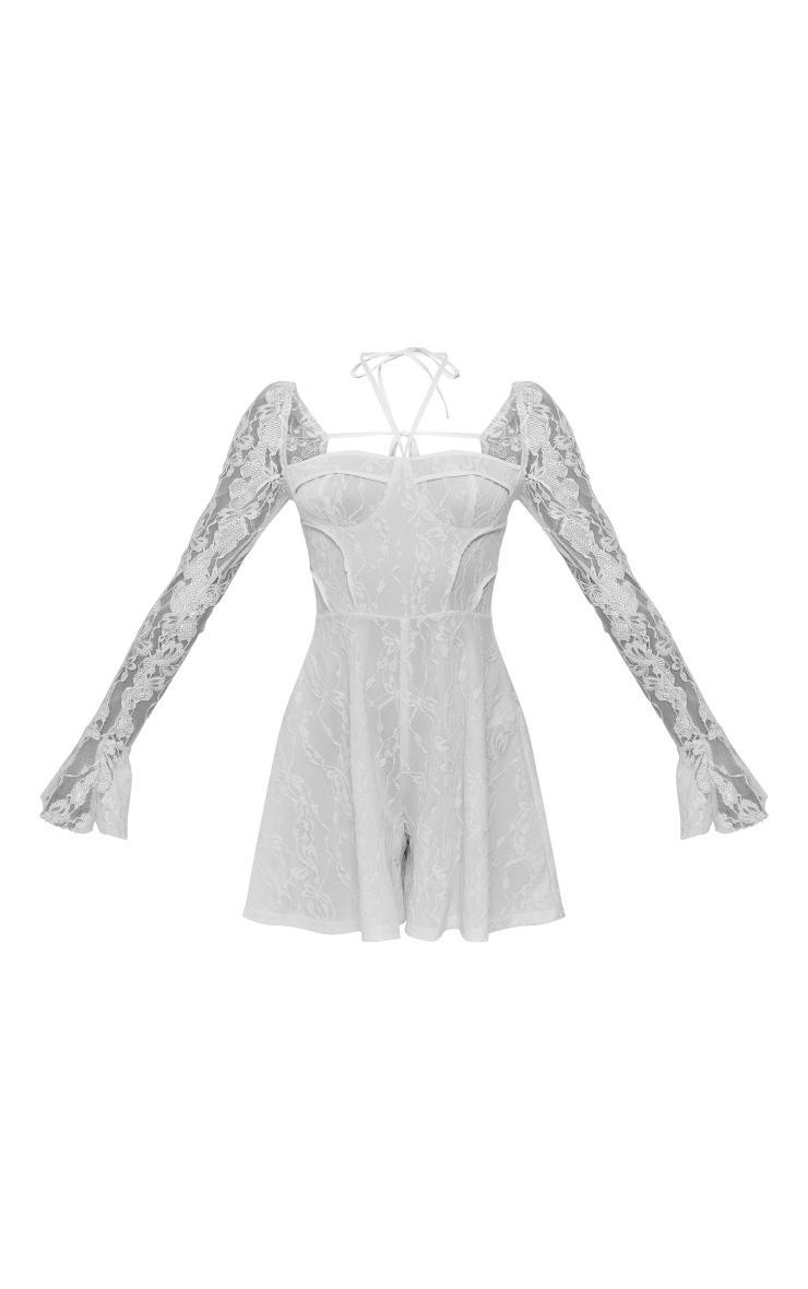 White Floral Mesh Long Sleeve Square Neck Romper Product Image