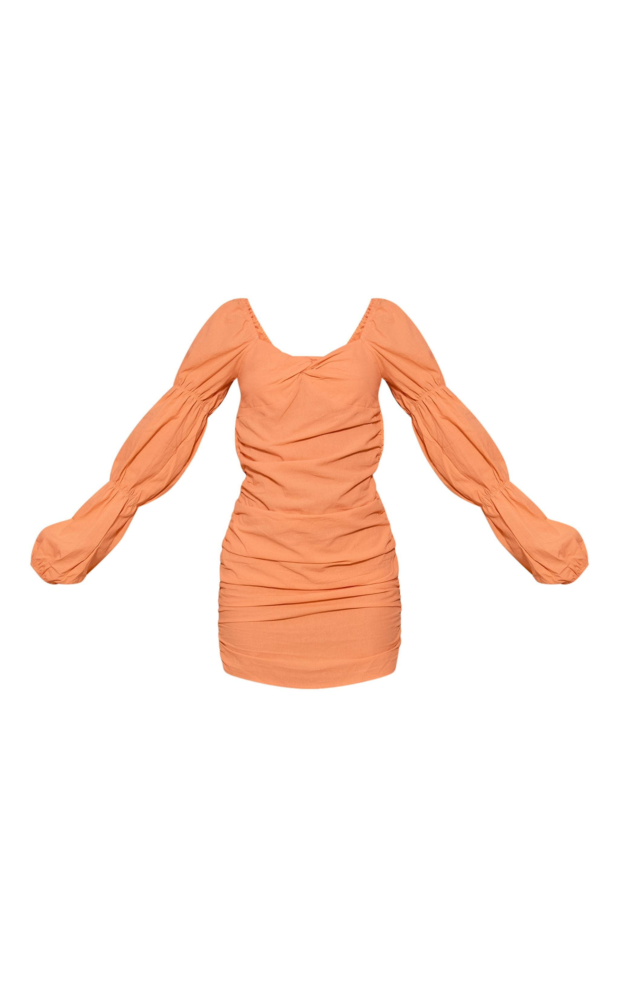 Orange Linen Look Tie Back Long Sleeve Bodycon Dress Product Image