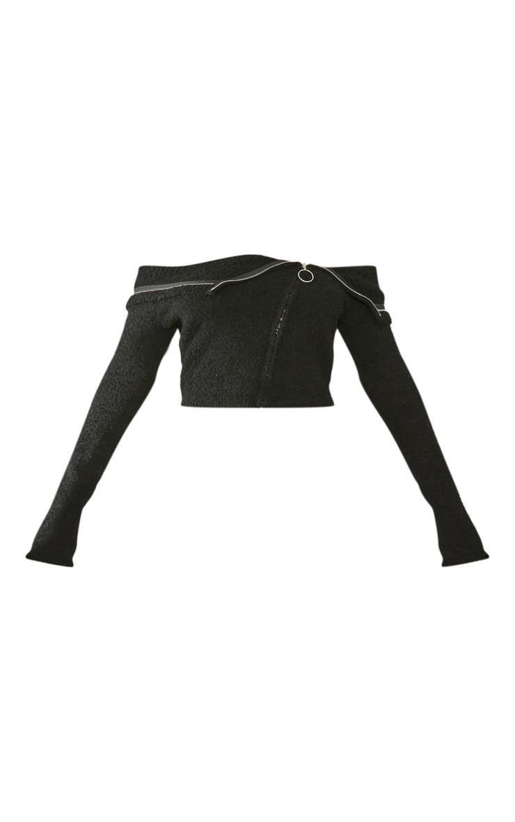  Black Fluffy Knit Fold Over Zipped Crop Top Product Image