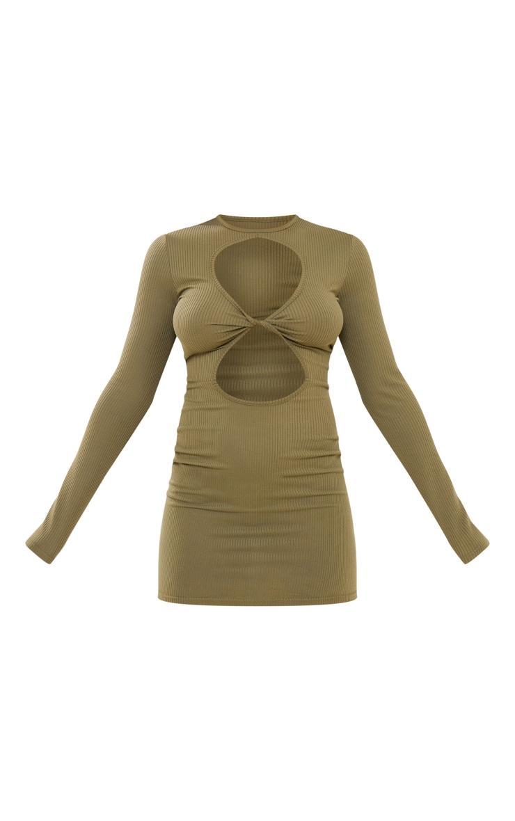 Dark Olive Rib Long Sleeve Twist Front Cut Out Mini Dress Product Image