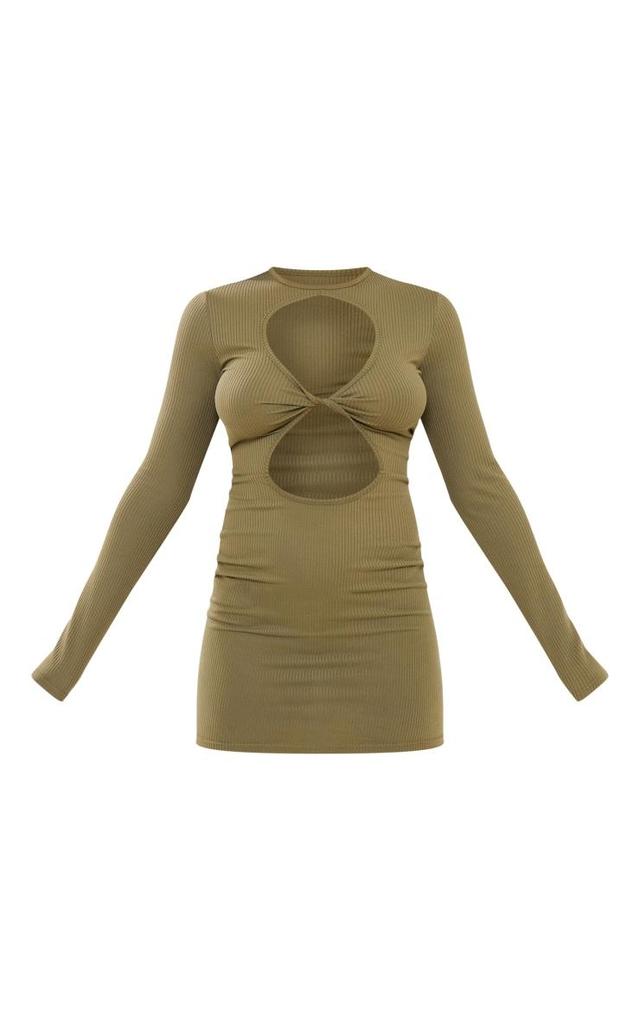 Dark Olive Rib Long Sleeve Twist Front Cut Out Mini Dress Product Image