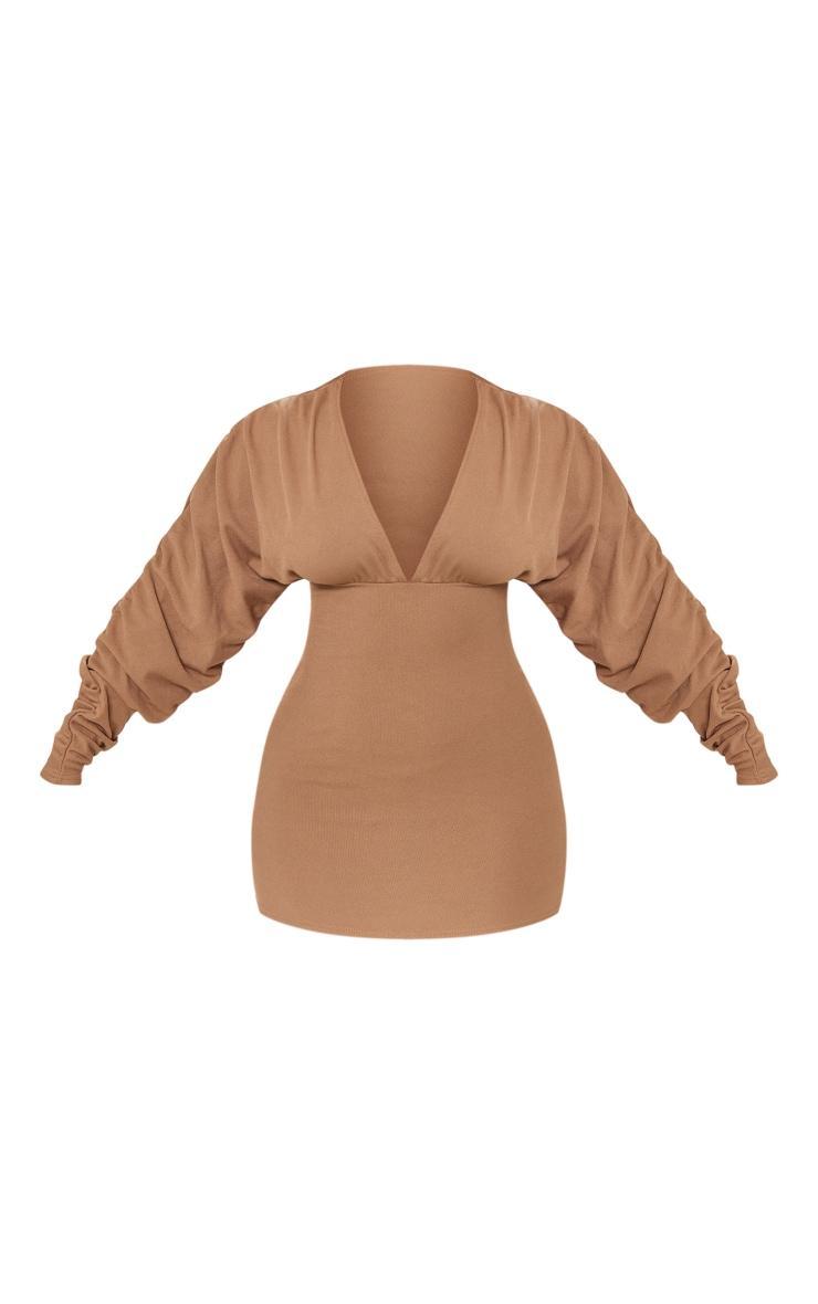 Shape Mocha Soft Rib Plunge Ruched Sleeve Bodycon Dress Product Image