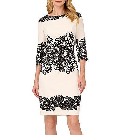 Adrianna Papell Scroll Lace Short Dress (Ivory/Black) Women's Dress Product Image