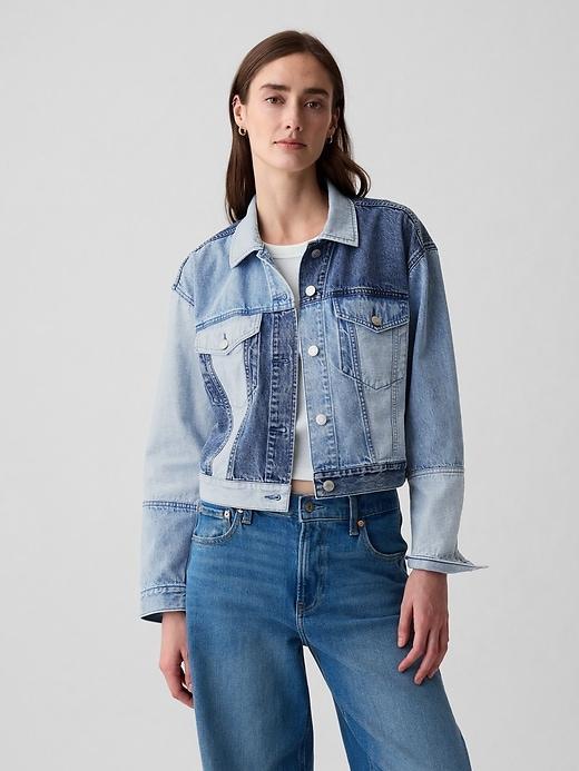 Cropped Patchwork Icon Denim Jacket Product Image